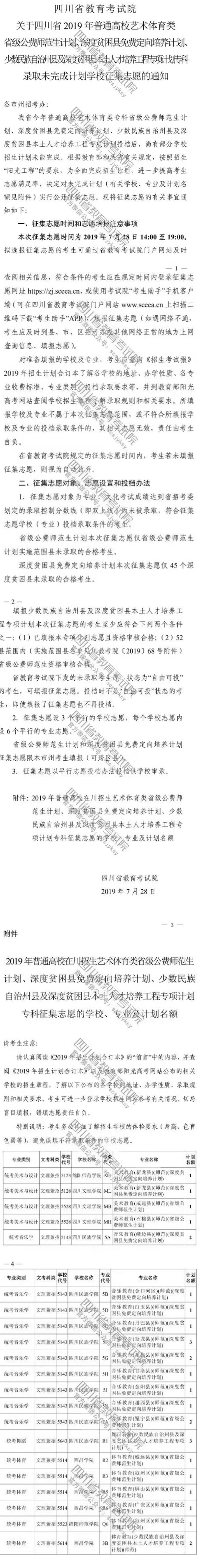 藝體類公費師范生、深貧縣免費定向培養、少數民族自治州縣及深貧縣本土人才培養專科未完成計劃學校征集志愿